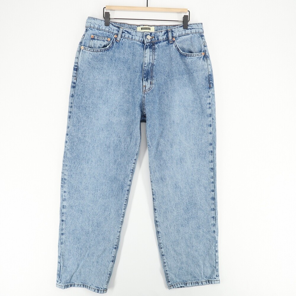 Woodbird Leroy Doone Jeans Mens 34x30 Blue Washed Blue Loose Fit Tapered Leg